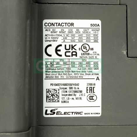 MC-500a - 500A/AC3 AC 100-240V 50/60Hz, DC100-220V ;  Kontaktor 500A/2650kW AC3 ;  2a2b  -2NO2NC (Metasol) 